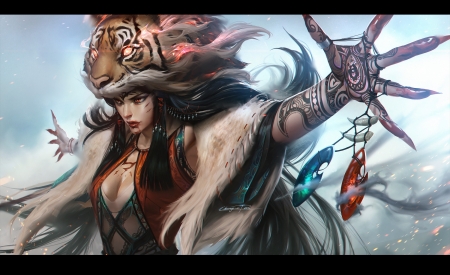 Tiger spirit - tigru, girl, hand, chengwei pan, frumusete, tiger, art, gorgeous, superb, spirit, fantasy