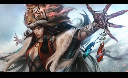 Tiger spirit - spirit, girl, tiger, superb, frumusete, chengwei pan, fantasy, gorgeous, hand, tigru, art