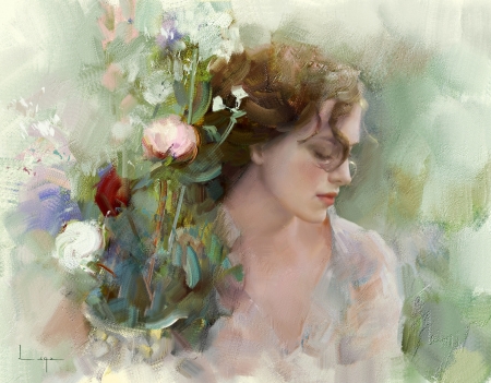 Beauty - rose, art, fantasy, portrait, flower, lsqz, face, girl