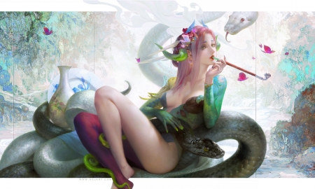 White snake - white snake, fantasy, art, gorgeous, girl, frumusete, hgjart, gteen, superb, pink, huang guangjian