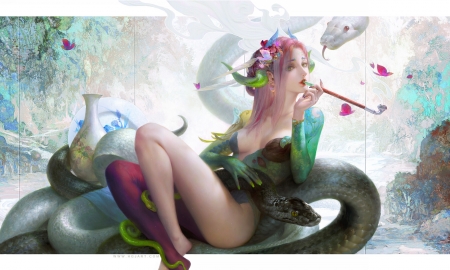 White snake - girl, pink, gteen, superb, frumusete, white snake, fantasy, huang guangjian, hgjart, gorgeous, art