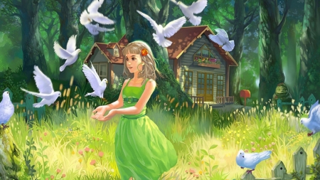 nature girl - birds, fantasy, girl, nature
