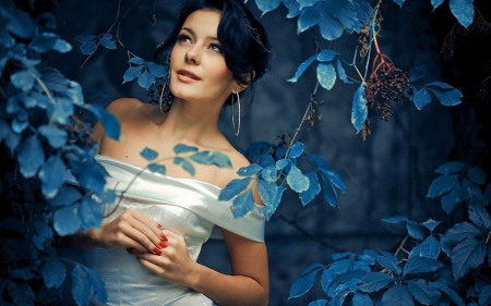ï½žLooking Outï½ž - brunette, female, leaves, satin dress