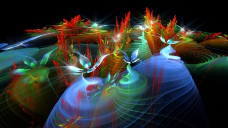 Vibrant fractal - black, abstract, splash, red, green, colors, HD, orange-cad