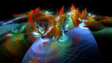 Vibrant fractal - abstract, black, orange-cad, green, red, HD, colors, splash