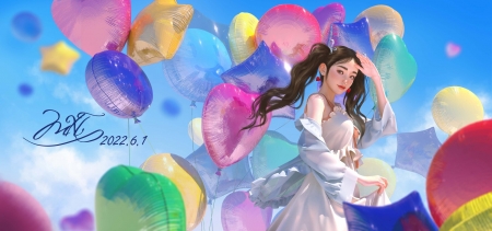 :) - yellow, blue, balloon, girl, ying lee, pink, frumusete, fantasy, art