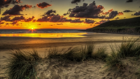 Sunset at the sea - sky, sun, coast, clouds, colors, beach