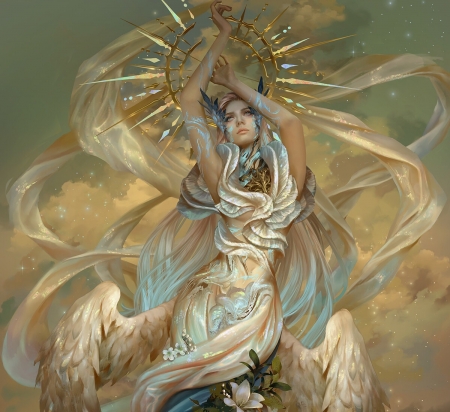 Ellanorn - yellow, girl, hoang lap solan, angel, ellanorn, fantasy, wings, golden, art