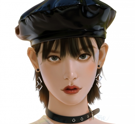 Girl - white, black, art, peter xiao, face, girl, hat