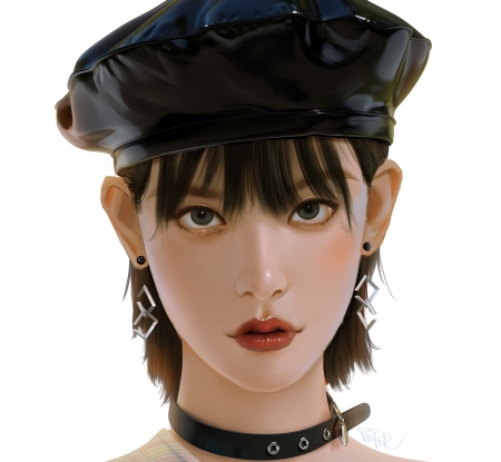 Girl - hat, black, white, girl, face, peter xiao, art