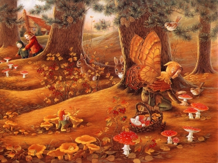 Into the woods - fantasy, woods, art, orange, forest, mushroom, tree, fairy, brown, red