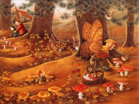 Into the woods - brown, forest, orange, tree, fantasy, red, mushroom, fairy, art, woods