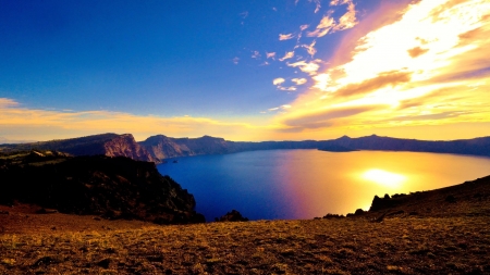 Sunset at Crater Lake, Oregon - reflections, usa, clouds, water, landscape, colors, rocks, sky