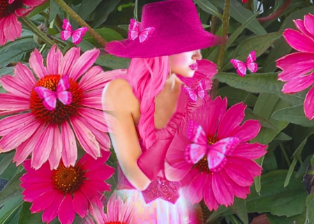 Delicate Pink - colorful, white, vibrant, girl, dress, hot pink, butterflies, pink, vivid, green, bright, bold, flowers, hat