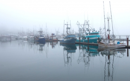 Harbor - calm, ships, harbor, mist