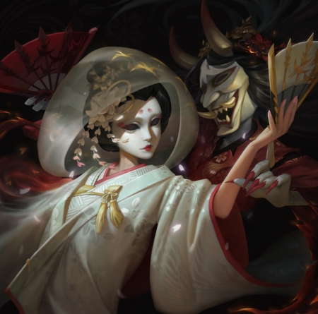 Fantasy girl - art, asian, demon, fantasy, girl, hand fan, hua yecai, mask