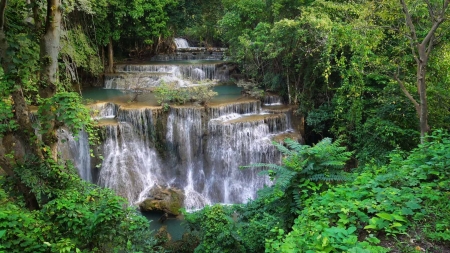 Huay Mae Khamin Waterfall, Thailand - rocks, water, cascade, river, trees, forest