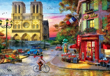 Notre Dame, Paris - houses, church, city, artwork, digital, bicycle