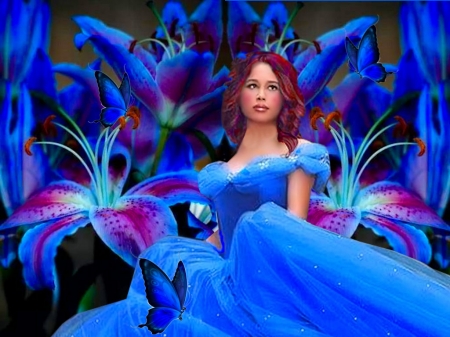 Cinderella Blue - vibrant, gown, vivid, blue, butterflies, girl, pink, flowers, black, colorful, purple, bright, bold