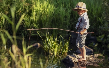Boy Fishing - boy, rock, lake, fishing
