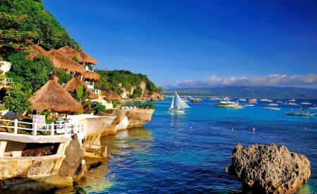 Resort place - seaside, sea, island, town, coast, rocks, vacation, summer, sailboats, ships, rest, huts, view