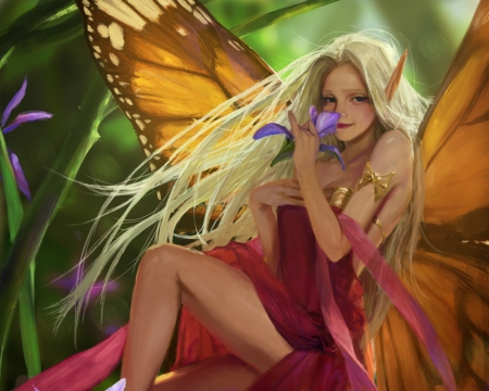 Fairy - yellow, girl, orange, fantasy, park pyeongjun, wings, red, fairy, totorrl, art, park