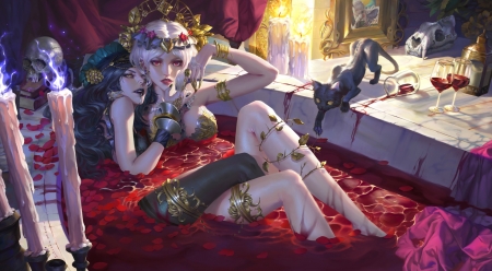 Vampires - robin ruan, fantasy, bath, red, cat, girl, blood, vampire