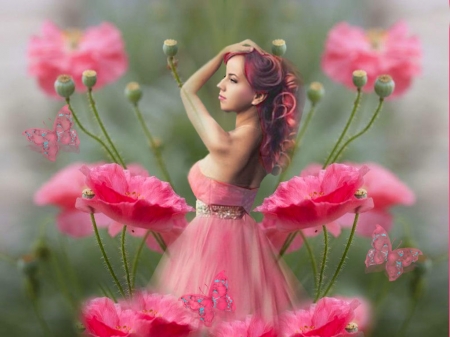 Delicate Pink Ladies 6 - dress, colorful, white, vibrant, girl, butterflies, delicate, pink, vivid, green, bright, bold, flowers