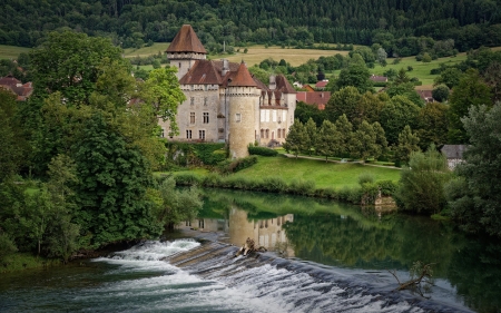 Castle in France - waterfall, France, castle, village, trees