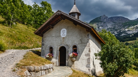 Chapel in the French Alps - clouds, trees, landscape, road, mountains, sky