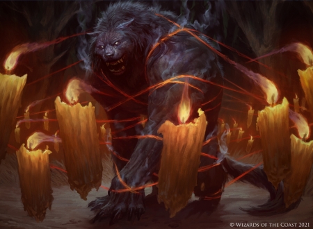 Candle trap - werewolf, manuel castanon, trap, lup, wolf, art, dark, candle, fantasy, yellow
