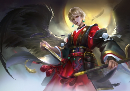 Angel - fantasy, art, blonde, frida, man, red, angel