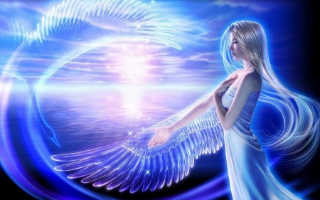Angel - wings, girl, angel, sunrise