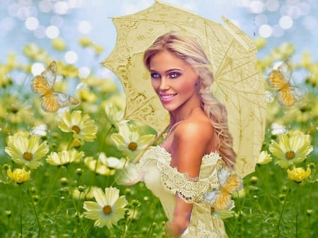 Sunny Yellow 2 - vibrant, yellow, vivid, blue, butterflies, girl, dress, flowers, colorful, white, umbrella, bright, bold