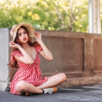 Brunette in Red & White checkered dress