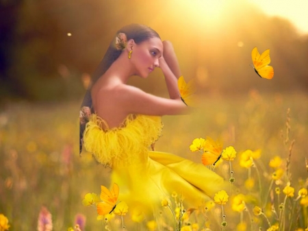 Sunny Yellow4 - vibrant, yellow, vivid, butterflies, sunshine, girl, black, colorful, bright, field, bold, wild flowers