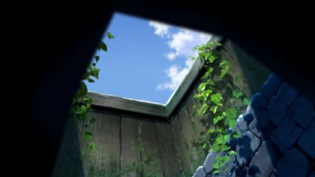 Bone-eater well - Bone Eaters Well, Leaves, Inuyasha, Anime, Well, Fuedal Era, Sky, Clouds, Manga