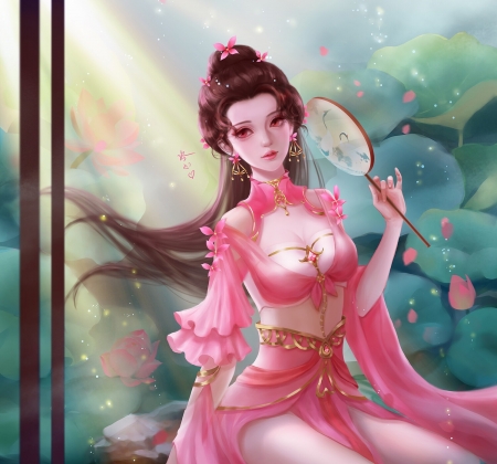 Fantasy girl - blue, evantai, fantasy, girl, hand fan, irisheart, pink