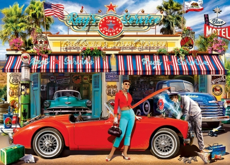 Ray's Service Station - vintage, cars, station, gas pumps, route 66, flowers