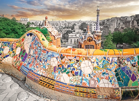 Barcelona Park Guell - spain, barcelona, wall, city, park