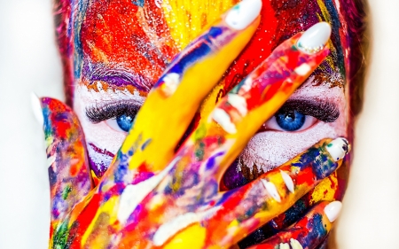 :) - blue, colorful, red, yellow, eyes, face, girl, hand, green