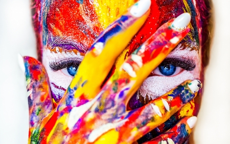 :) - yellow, blue, girl, eyes, colorful, hand, green, red, face