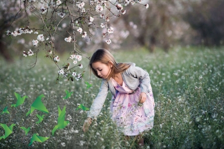 ❀ Flower Picking ❀ - Female child, Field, Blossom tree, Flowers, Spring time