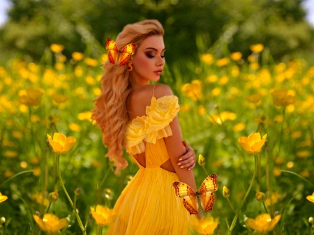 Sunny Yellow 13 - blonde, green, yellow, flowers, girl, dress