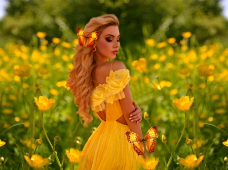 Sunny Yellow 13 - flowers, yellow, green, dress, girl, blonde