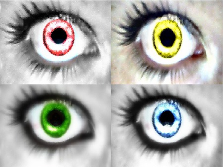 Coloured Eyes - yellow, blue, red, green, eyes, black and white