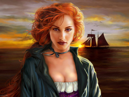 Sea Maiden - woman, beauty, shore, sunset, waiting, fantasy, red hair, ship, beautiful, sea, birds, boat