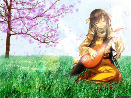 Flower and Melody - anime, anime girl, female, sakura, girl, grass, flower, tree, music, cute