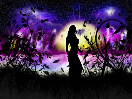 Fantasy sunset - woman, girl, dark, sun, flowers