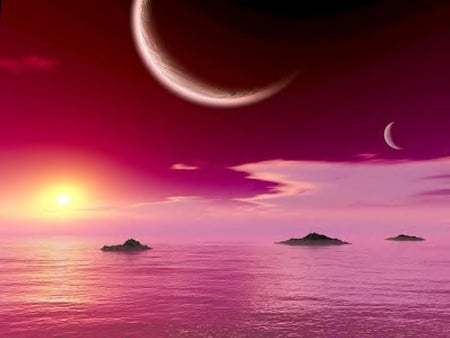 Perfection of nature - moon, sky, pink, clouds, red, sun, sea